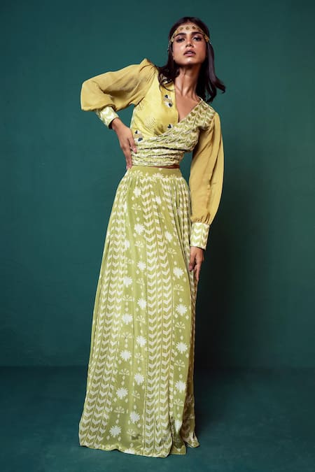 Suave Green Crepe Embroidery V-neck Floral Pattern Panelled Skirt With Wrap Top at Aza Fashions Suave_Green Crepe Embroidery V-neck Floral Pattern Panelled Skirt With Wrap Top _at_Aza_Fashions