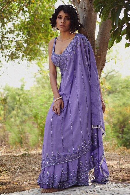Irrau By Samir Mantri Purple Net, Georgette Sequins, Beads Geometric Embroidered Saree With Blouse at Aza Fashions Irrau By Samir Mantri_Purple Net, Georgette Sequins, Beads Geometric Embroidered Saree With Blouse_at_Aza_Fashions