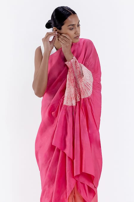 Buy_Studio Medium_Peach Silk Shibori Ombre Saree With Running Blouse_Online_at_Aza_Fashions