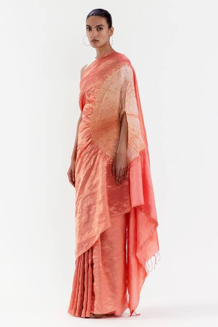 Studio Medium_Peach Silk Shibori Striped Metallic Saree With Running Blouse_Online_at_Aza_Fashions