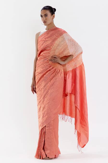 Buy_Studio Medium_Peach Silk Shibori Striped Metallic Saree With Running Blouse_Online_at_Aza_Fashions