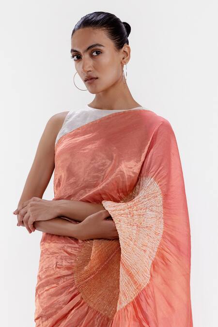 Shop_Studio Medium_Peach Silk Shibori Striped Metallic Saree With Running Blouse_Online_at_Aza_Fashions