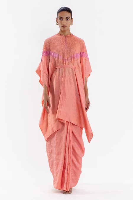 Studio Medium Peach Silk Handwoven High Round Pre-draped Kaftan Saree With Running Blouse