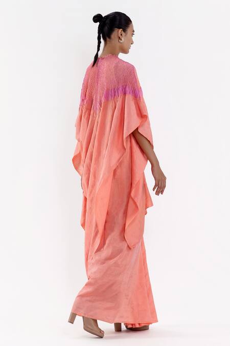 Shop Studio Medium Peach Silk Handwoven High Round Pre-draped Kaftan Saree With Running Blouse at Aza Fashions Shop_Studio Medium_Peach Silk Handwoven High Round Pre-draped Kaftan Saree With Running Blouse_at_Aza_Fashions