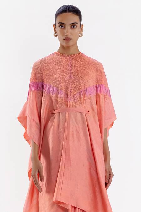 Studio Medium Peach Silk Handwoven High Round Pre-draped Kaftan Saree With Running Blouse Online at Aza Fashions Studio Medium_Peach Silk Handwoven High Round Pre-draped Kaftan Saree With Running Blouse_Online_at_Aza_Fashions