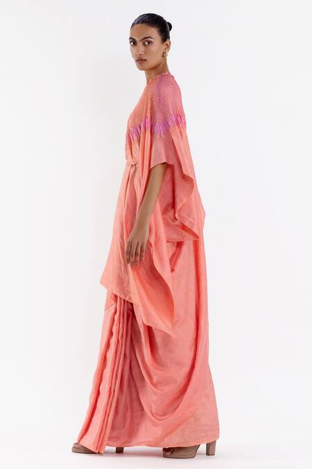 Shop Studio Medium Peach Silk Handwoven High Round Pre-draped Kaftan Saree With Running Blouse Online at Aza Fashions Shop_Studio Medium_Peach Silk Handwoven High Round Pre-draped Kaftan Saree With Running Blouse_Online_at_Aza_Fashions