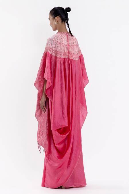 Shop Studio Medium Pink Silk Handwoven High Round Pre-draped Kaftan Saree With Running Blouse at Aza Fashions Shop_Studio Medium_Pink Silk Handwoven High Round Pre-draped Kaftan Saree With Running Blouse_at_Aza_Fashions