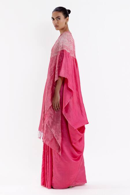 Studio Medium Pink Silk Handwoven High Round Pre-draped Kaftan Saree With Running Blouse Online at Aza Fashions Studio Medium_Pink Silk Handwoven High Round Pre-draped Kaftan Saree With Running Blouse_Online_at_Aza_Fashions