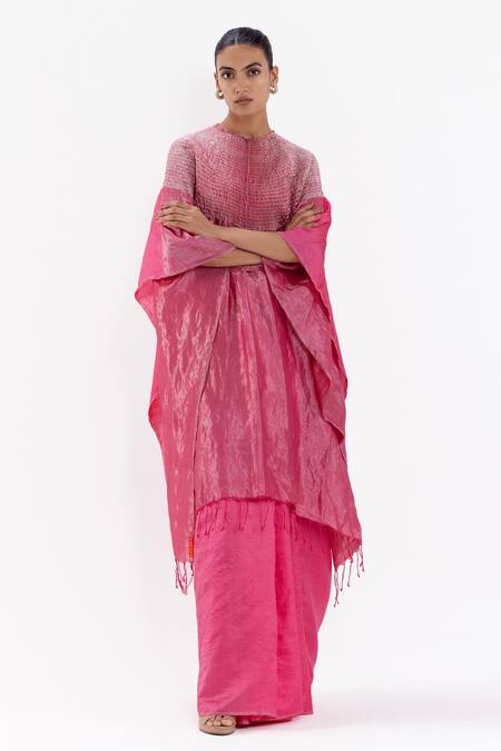 Buy Studio Medium Pink Silk Handwoven High Round Pre-draped Kaftan Saree With Running Blouse Online at Aza Fashions Buy_Studio Medium_Pink Silk Handwoven High Round Pre-draped Kaftan Saree With Running Blouse_Online_at_Aza_Fashions