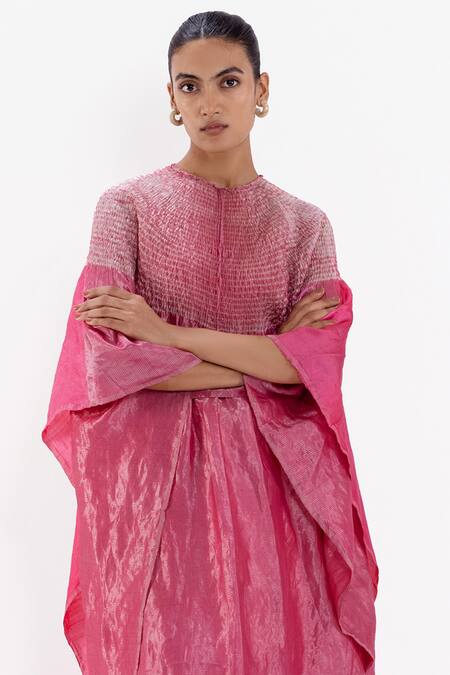 Shop Studio Medium Pink Silk Handwoven High Round Pre-draped Kaftan Saree With Running Blouse Online at Aza Fashions Shop_Studio Medium_Pink Silk Handwoven High Round Pre-draped Kaftan Saree With Running Blouse_Online_at_Aza_Fashions