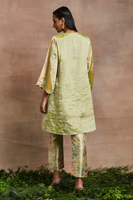 Shop Sue Mue Green Silk, Brocade Embroidery Round Neck Shaizen Hand Kurta And Trouser Set at Aza Fashions Shop_Sue Mue_Green Silk, Brocade Embroidery Round Neck Shaizen Hand Kurta And Trouser Set _at_Aza_Fashions