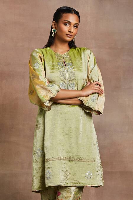 Sue Mue Green Silk, Brocade Embroidery Round Neck Shaizen Hand Kurta And Trouser Set Online at Aza Fashions Sue Mue_Green Silk, Brocade Embroidery Round Neck Shaizen Hand Kurta And Trouser Set _Online_at_Aza_Fashions