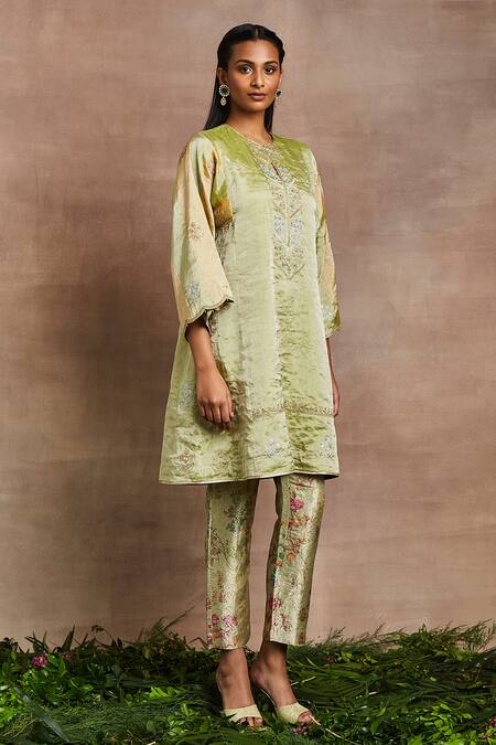 Buy Sue Mue Green Silk, Brocade Embroidery Round Neck Shaizen Hand Kurta And Trouser Set Online at Aza Fashions Buy_Sue Mue_Green Silk, Brocade Embroidery Round Neck Shaizen Hand Kurta And Trouser Set _Online_at_Aza_Fashions