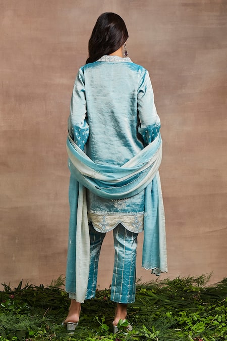 Shop Sue Mue Blue Handloom , Silk, Brocade, Jumaina Hand Kurta And Trouser Set at Aza Fashions Shop_Sue Mue_Blue Handloom , Silk, Brocade, Jumaina Hand Kurta And Trouser Set _at_Aza_Fashions