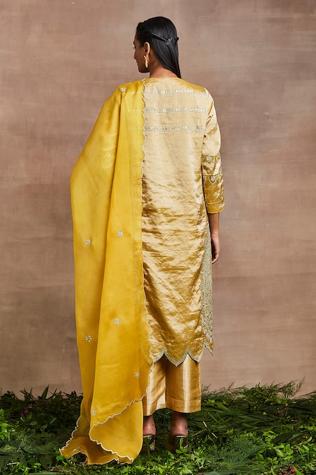 Shop_Sue Mue_Yellow Silk, Brocade, Cotton Gota Patti, Zari, Nazma Hand Kurta Trouser Set _at_Aza_Fashions