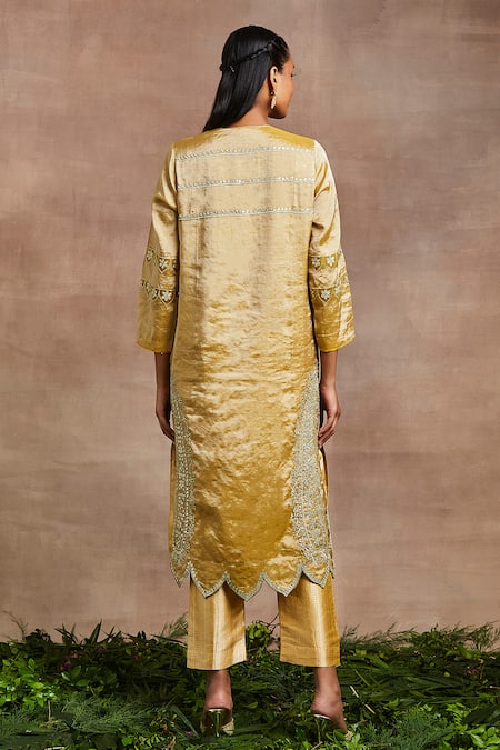 Sue Mue_Yellow Silk, Brocade, Cotton Gota Patti, Zari, Nazma Hand Kurta Trouser Set _Online_at_Aza_Fashions
