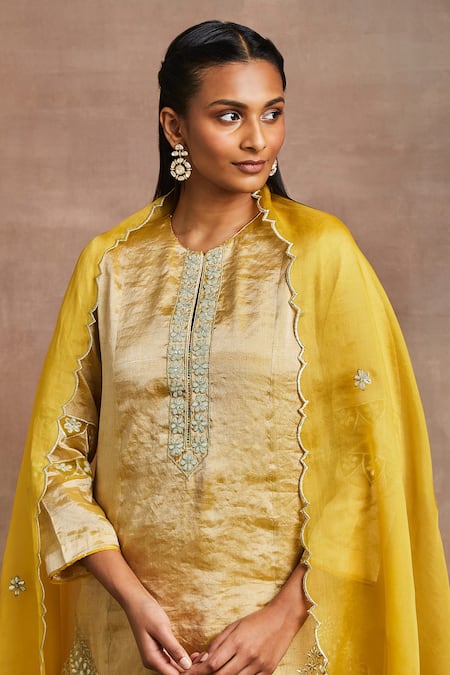 Buy_Sue Mue_Yellow Silk, Brocade, Cotton Gota Patti, Zari, Nazma Hand Kurta Trouser Set _Online_at_Aza_Fashions
