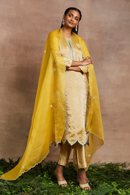 Sue Mue_Yellow Silk, Brocade, Cotton Gota Patti, Zari, Nazma Hand Kurta Trouser Set _at_Aza_Fashions