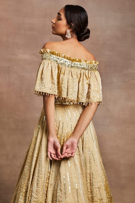 Sue Mue Gold Brocade, Silk Sequins, Zari Naaz Embroidered Top And Lehenga Set Online at Aza Fashions Sue Mue_Gold Brocade, Silk Sequins, Zari Naaz Embroidered Top And Lehenga Set _Online_at_Aza_Fashions