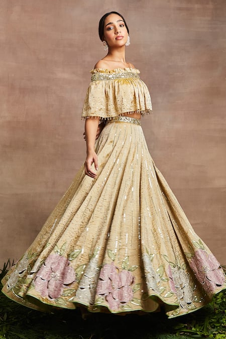 Shop Sue Mue Gold Brocade, Silk Sequins, Zari Naaz Embroidered Top And Lehenga Set Online at Aza Fashions Shop_Sue Mue_Gold Brocade, Silk Sequins, Zari Naaz Embroidered Top And Lehenga Set _Online_at_Aza_Fashions