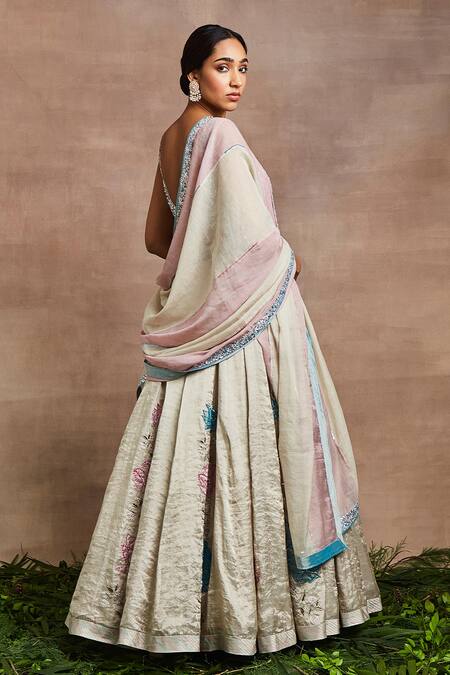 Sue Mue Silver Brocade, Cotton, Silk Sequins, Embroidery Gul Hand Blouse Lehenga Set Online at Aza Fashions Sue Mue_Silver Brocade, Cotton, Silk Sequins, Embroidery Gul Hand Blouse Lehenga Set _Online_at_Aza_Fashions