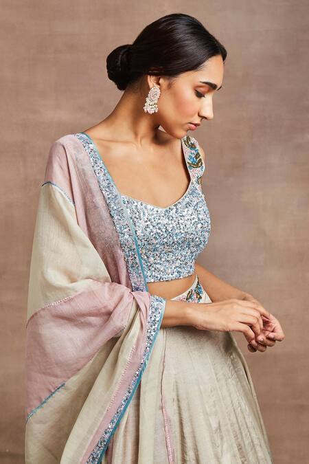 Buy Sue Mue Silver Brocade, Cotton, Silk Sequins, Embroidery Gul Hand Blouse Lehenga Set Online at Aza Fashions Buy_Sue Mue_Silver Brocade, Cotton, Silk Sequins, Embroidery Gul Hand Blouse Lehenga Set _Online_at_Aza_Fashions
