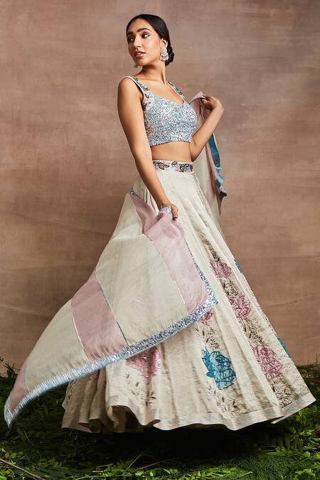 Shop Sue Mue Silver Brocade, Cotton, Silk Sequins, Embroidery Gul Hand Blouse Lehenga Set Online at Aza Fashions Shop_Sue Mue_Silver Brocade, Cotton, Silk Sequins, Embroidery Gul Hand Blouse Lehenga Set _Online_at_Aza_Fashions