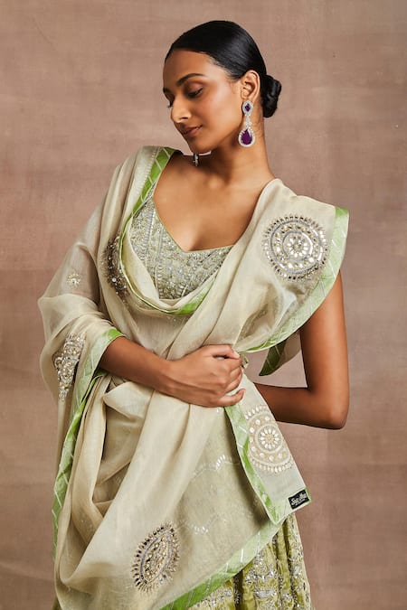 Sue Mue Green Brocade, Handloom , Silk, Sequins, Shamsia Hand Lehenga Set Online at Aza Fashions Sue Mue_Green Brocade, Handloom , Silk, Sequins, Shamsia Hand Lehenga Set _Online_at_Aza_Fashions