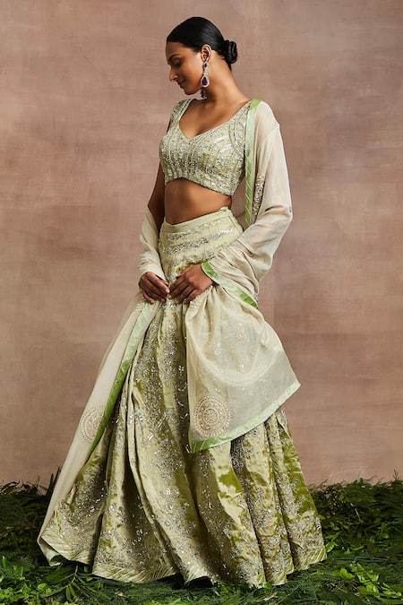 Buy Sue Mue Green Brocade, Handloom , Silk, Sequins, Shamsia Hand Lehenga Set Online at Aza Fashions Buy_Sue Mue_Green Brocade, Handloom , Silk, Sequins, Shamsia Hand Lehenga Set _Online_at_Aza_Fashions