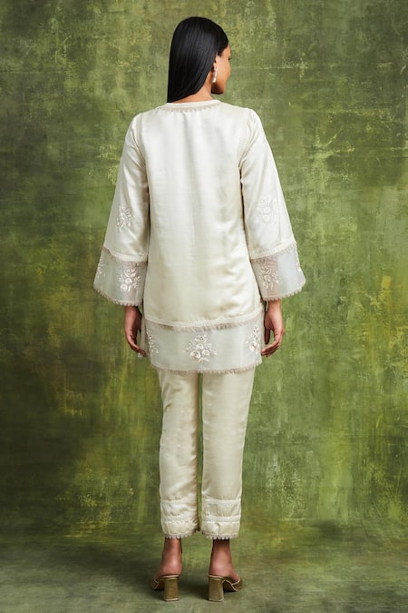 Shop Sue Mue Off White Silk Satin Embroidery V-neck Top And Pant Set at Aza Fashions Shop_Sue Mue_Off White Silk Satin Embroidery V-neck Top And Pant Set _at_Aza_Fashions