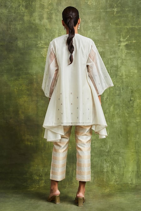 Shop_Sue Mue_Off White Chanderi, Brocade Zari Round Neck Aiham Embroidered Top And Pant Set _at_Aza_Fashions