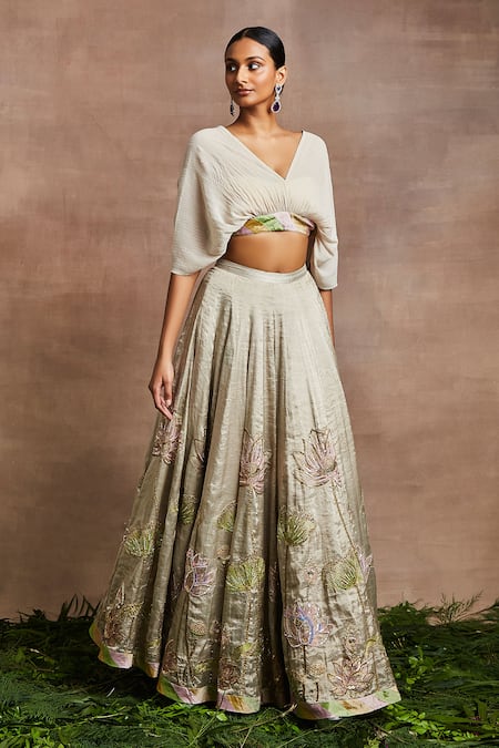 Sue Mue Silver Silk Embroidery, Sequins V-neck Kyda Lotus Hand Lehenga With Blouse Online at Aza Fashions Sue Mue_Silver Silk Embroidery, Sequins V-neck Kyda Lotus Hand Lehenga With Blouse _Online_at_Aza_Fashions