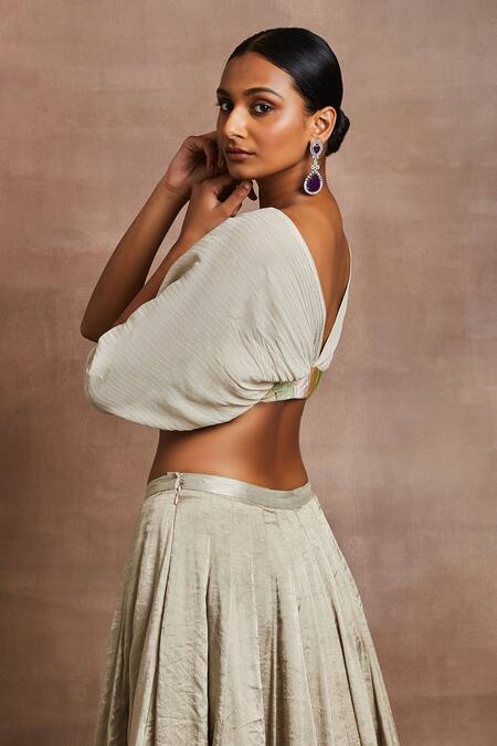 Buy Sue Mue Silver Silk Embroidery, Sequins V-neck Kyda Lotus Hand Lehenga With Blouse Online at Aza Fashions Buy_Sue Mue_Silver Silk Embroidery, Sequins V-neck Kyda Lotus Hand Lehenga With Blouse _Online_at_Aza_Fashions