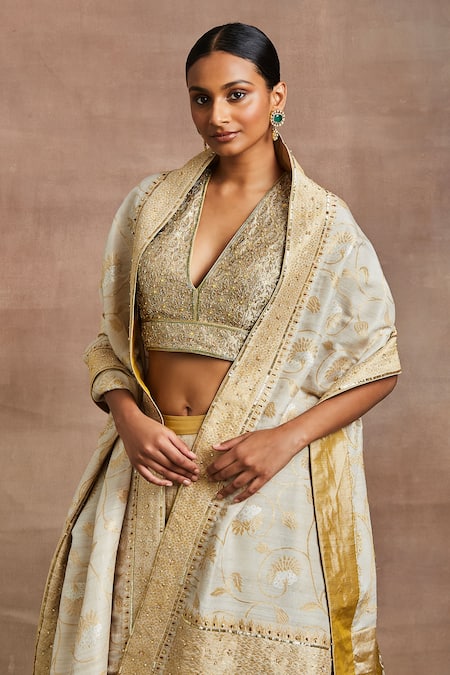Shop_Sue Mue_Yellow Handloom Cotton, Silk Embroidery Plunge Neck Hannah Flower Lehenga Set _Online_at_Aza_Fashions