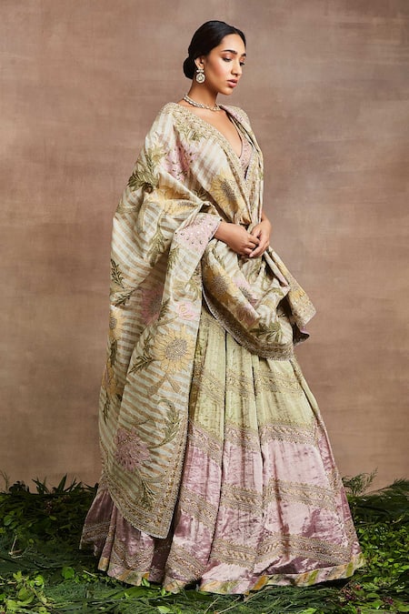 Sue Mue_Multi Color Silk, Handloom Cotton Zari, Embroidery Shayla Block And Lehenga Set _Online_at_Aza_Fashions