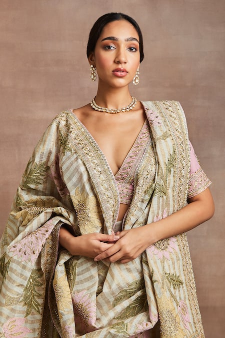 Buy_Sue Mue_Multi Color Silk, Handloom Cotton Zari, Embroidery Shayla Block And Lehenga Set _Online_at_Aza_Fashions