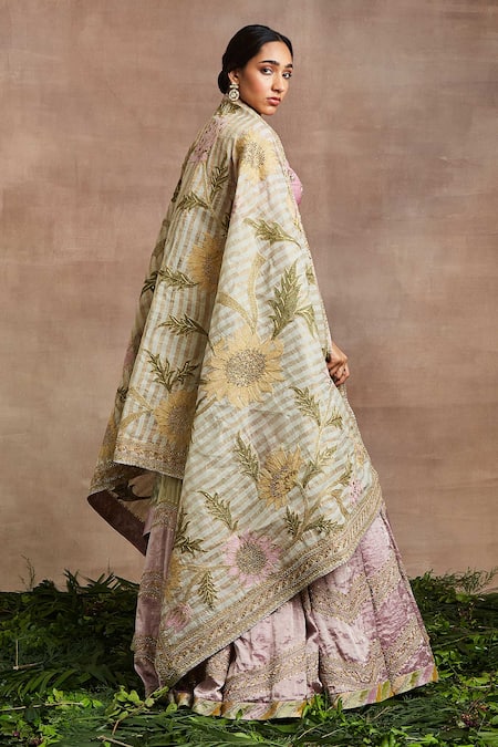 Sue Mue_Multi Color Silk, Handloom Cotton Zari, Embroidery Shayla Block And Lehenga Set _at_Aza_Fashions