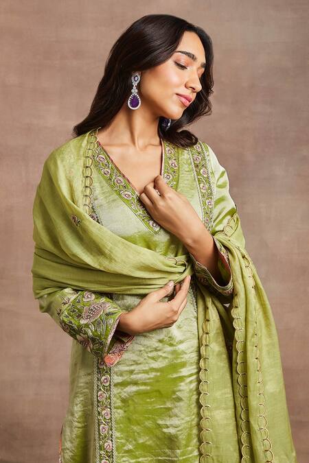 Sue Mue Green Handloom Cotton, Silk, Brocade Embroidery, Zari Saira Gada Hand Kurta Set at Aza Fashions Sue Mue_Green Handloom Cotton, Silk, Brocade Embroidery, Zari Saira Gada Hand Kurta Set _at_Aza_Fashions