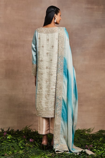 Shop Sue Mue Blue Handloom Cotton, Silk, Brocade Embroidery, Zohra Dori Hand Kurta Set at Aza Fashions Shop_Sue Mue_Blue Handloom Cotton, Silk, Brocade Embroidery, Zohra Dori Hand Kurta Set _at_Aza_Fashions