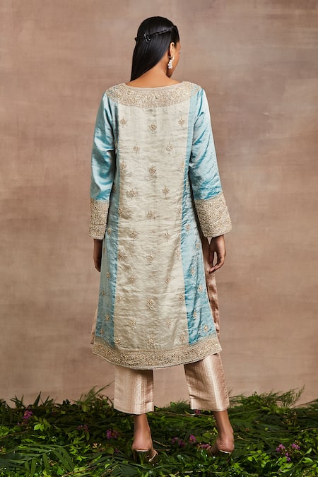 Shop Sue Mue Blue Handloom Cotton, Silk, Brocade Embroidery, Zohra Dori Hand Kurta Set Online at Aza Fashions Shop_Sue Mue_Blue Handloom Cotton, Silk, Brocade Embroidery, Zohra Dori Hand Kurta Set _Online_at_Aza_Fashions