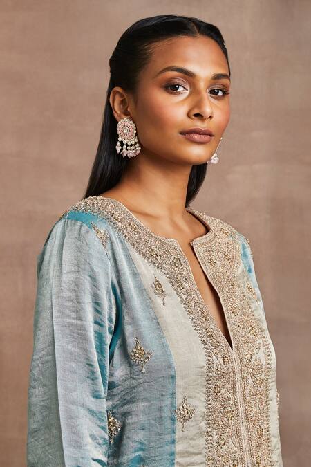 Sue Mue Blue Handloom Cotton, Silk, Brocade Embroidery, Zohra Dori Hand Kurta Set at Aza Fashions Sue Mue_Blue Handloom Cotton, Silk, Brocade Embroidery, Zohra Dori Hand Kurta Set _at_Aza_Fashions