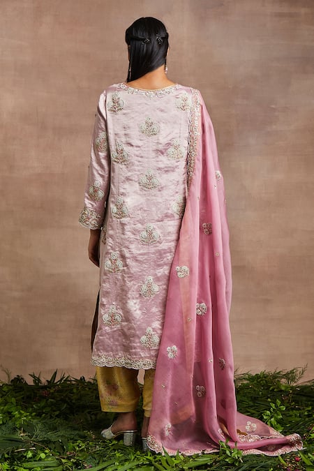 Shop Sue Mue Pink Handloom Cotton, Silk, Brocade Sequins, Gulnar Thread Kurta Salwar Set at Aza Fashions Shop_Sue Mue_Pink Handloom Cotton, Silk, Brocade Sequins, Gulnar Thread Kurta Salwar Set _at_Aza_Fashions