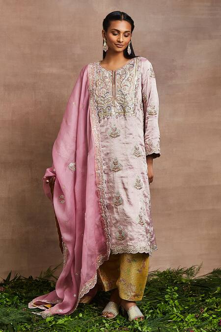 Sue Mue Pink Handloom Cotton, Silk, Brocade Sequins, Gulnar Thread Kurta Salwar Set Online at Aza Fashions Sue Mue_Pink Handloom Cotton, Silk, Brocade Sequins, Gulnar Thread Kurta Salwar Set _Online_at_Aza_Fashions