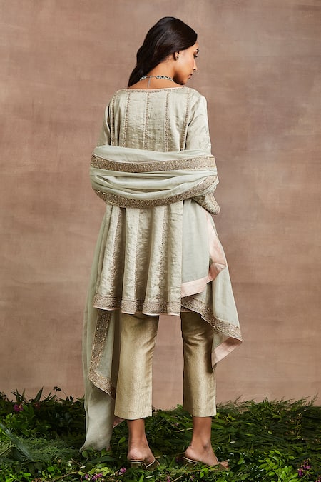 Shop Sue Mue Silver Silk, Brocade, Cotton Embroidery, Sequins Round Janna Hand Anarkali Set at Aza Fashions Shop_Sue Mue_Silver Silk, Brocade, Cotton Embroidery, Sequins Round Janna Hand Anarkali Set _at_Aza_Fashions