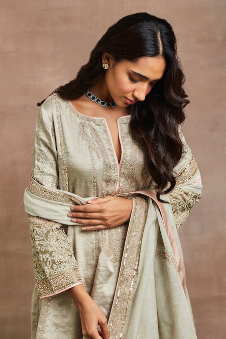 Buy Sue Mue Silver Silk, Brocade, Cotton Embroidery, Sequins Round Janna Hand Anarkali Set Online at Aza Fashions Buy_Sue Mue_Silver Silk, Brocade, Cotton Embroidery, Sequins Round Janna Hand Anarkali Set _Online_at_Aza_Fashions