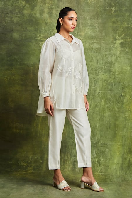 Buy Sue Mue Off White Chanderi Embroidery Collared Aaima Daisy Shirt And Pant Set Online at Aza Fashions Buy_Sue Mue_Off White Chanderi Embroidery Collared Aaima Daisy Shirt And Pant Set _Online_at_Aza_Fashions