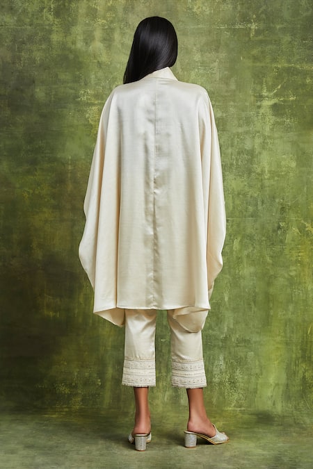 Shop Sue Mue Off White Silk Satin Embroidery Collared Saba Balloon Sleeve Blouse With Pant at Aza Fashions Shop_Sue Mue_Off White Silk Satin Embroidery Collared Saba Balloon Sleeve Blouse With Pant _at_Aza_Fashions