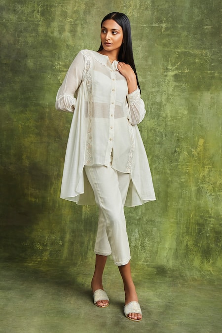 Sue Mue Off White Chanderi Embroidery Scoop Maham Handwoven Asymmetric Top Pant Set Online at Aza Fashions Sue Mue_Off White Chanderi Embroidery Scoop Maham Handwoven Asymmetric Top Pant Set _Online_at_Aza_Fashions