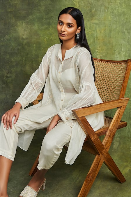 Buy Sue Mue Off White Chanderi Embroidery Scoop Maham Handwoven Asymmetric Top Pant Set Online at Aza Fashions Buy_Sue Mue_Off White Chanderi Embroidery Scoop Maham Handwoven Asymmetric Top Pant Set _Online_at_Aza_Fashions