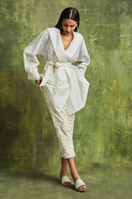 Sue Mue Nadia Embroidered Wrap Shirt Trouser Set 